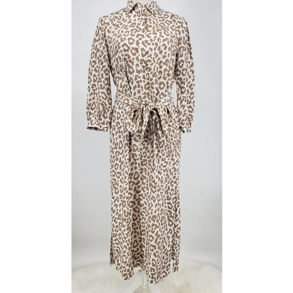 J Crew Midi Shirt Dress Bold Leopard Print Size 2 Belted Tie Waist Tan Cream